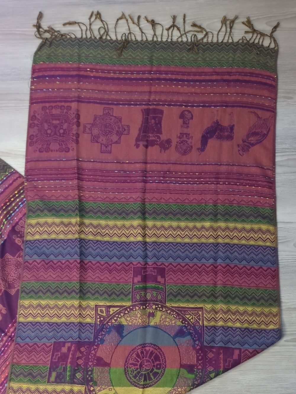 Boho Andean Pashmina Style Shawl Wrap Scarf Purple Fringe 27x70 Inca Southwester - Picture 10 of 14